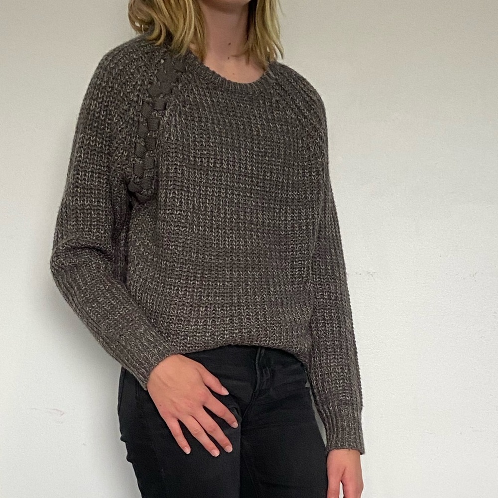gray chunky sweater with ties - medium